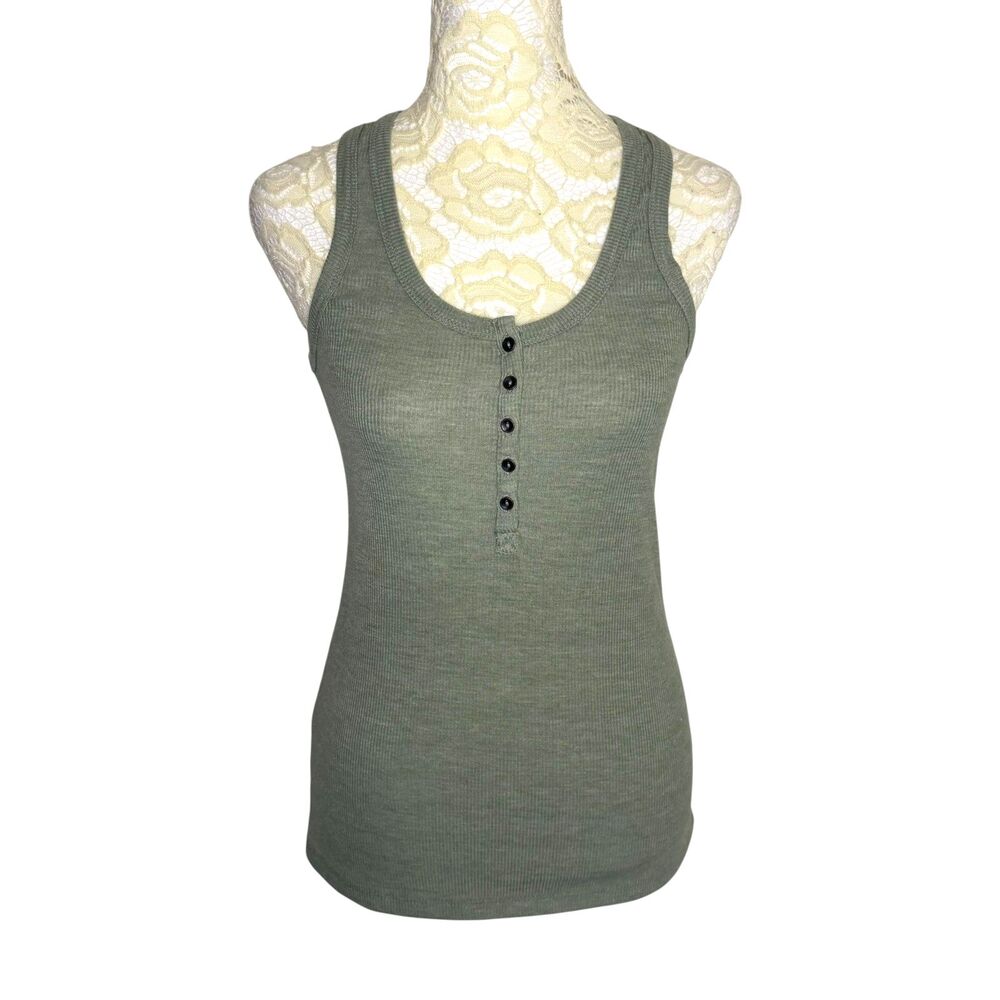 True Craft Henley Tank Top Shirt Blouse Racer Back Rib Knit Green S